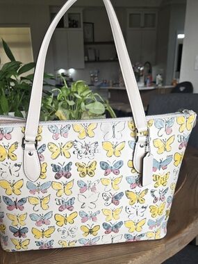 Coach White Canvas Tote with Yellow, Blue & Pink Butterfly Print